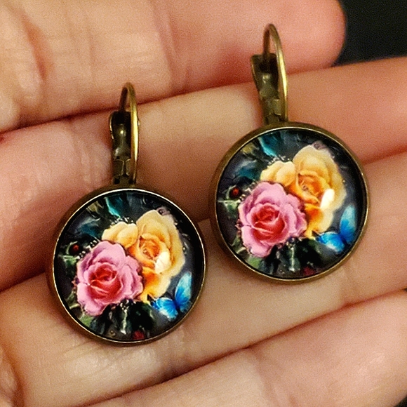 Fashion convex glass earrings with inlaid rose image in bronze lever backs. - Picture 3 of 5